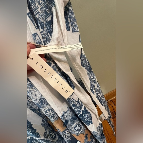 Lovestitch White and Blue Patterned Kimono Maxi Boho Vacation Resort OS NWT - Picture 5 of 12